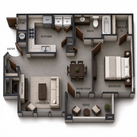 Floor plan for 1 bed, 1 bath, 752 sqft